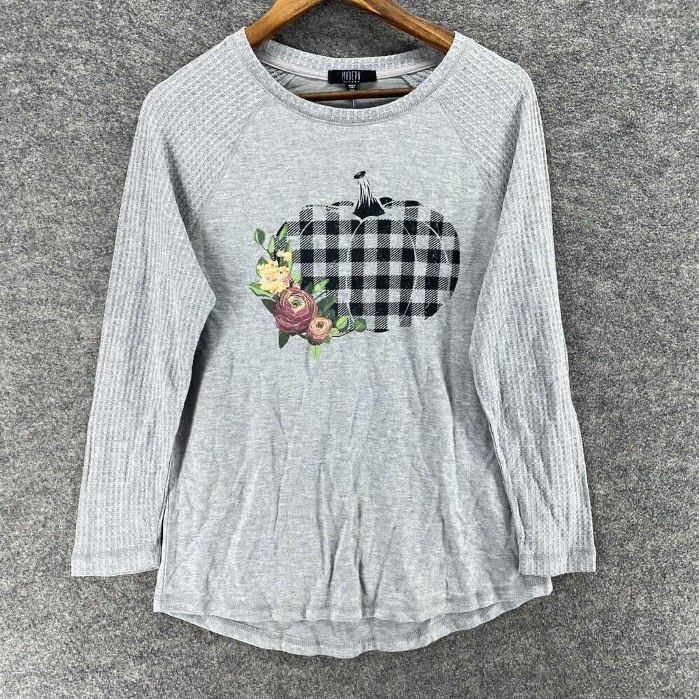 New Modern T-Shirt Women M Medium Gray Long Sleeve Crew Neck Pullover Rayon